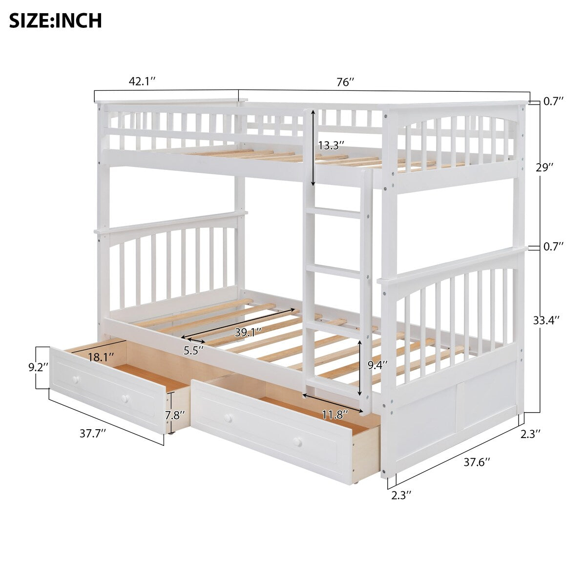 Twin over Twin Bunk Bed with Drawers, Convertible Beds