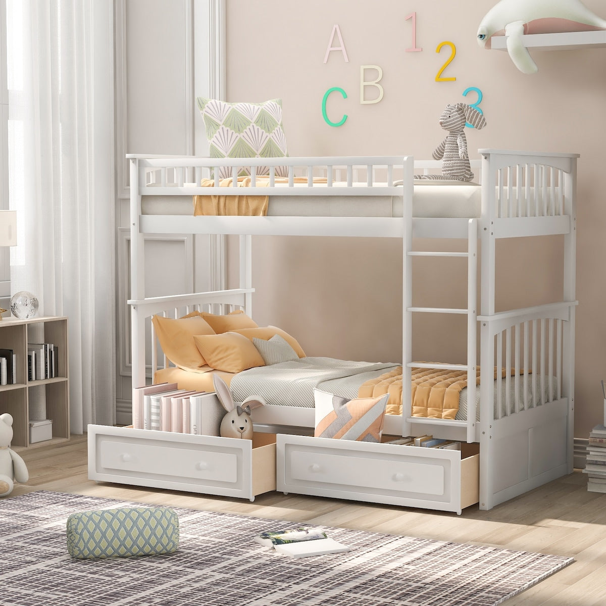 Twin over Twin Bunk Bed with Drawers, Convertible Beds