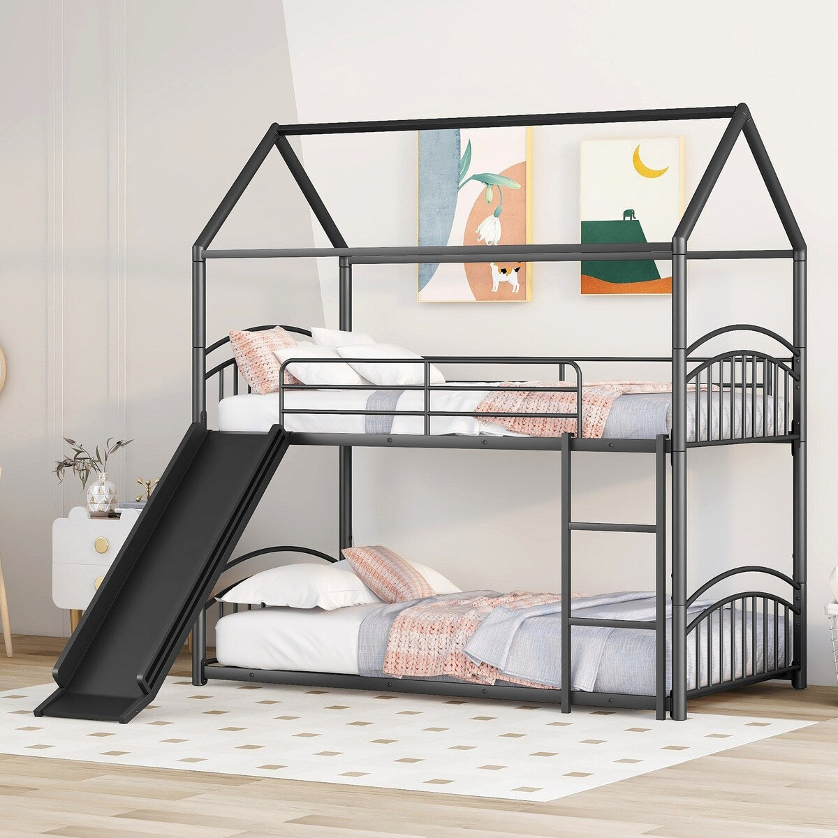 Twin over Twin Bunk Bed with Slide, Kids Sturdy Metal Frame Creativity House Bed, Full-Length Guardrail Top Bunk for Kids Teens