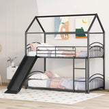 Twin over Twin Bunk Bed with Slide, Kids Sturdy Metal Frame Creativity House Bed, Full-Length Guardrail Top Bunk for Kids Teens