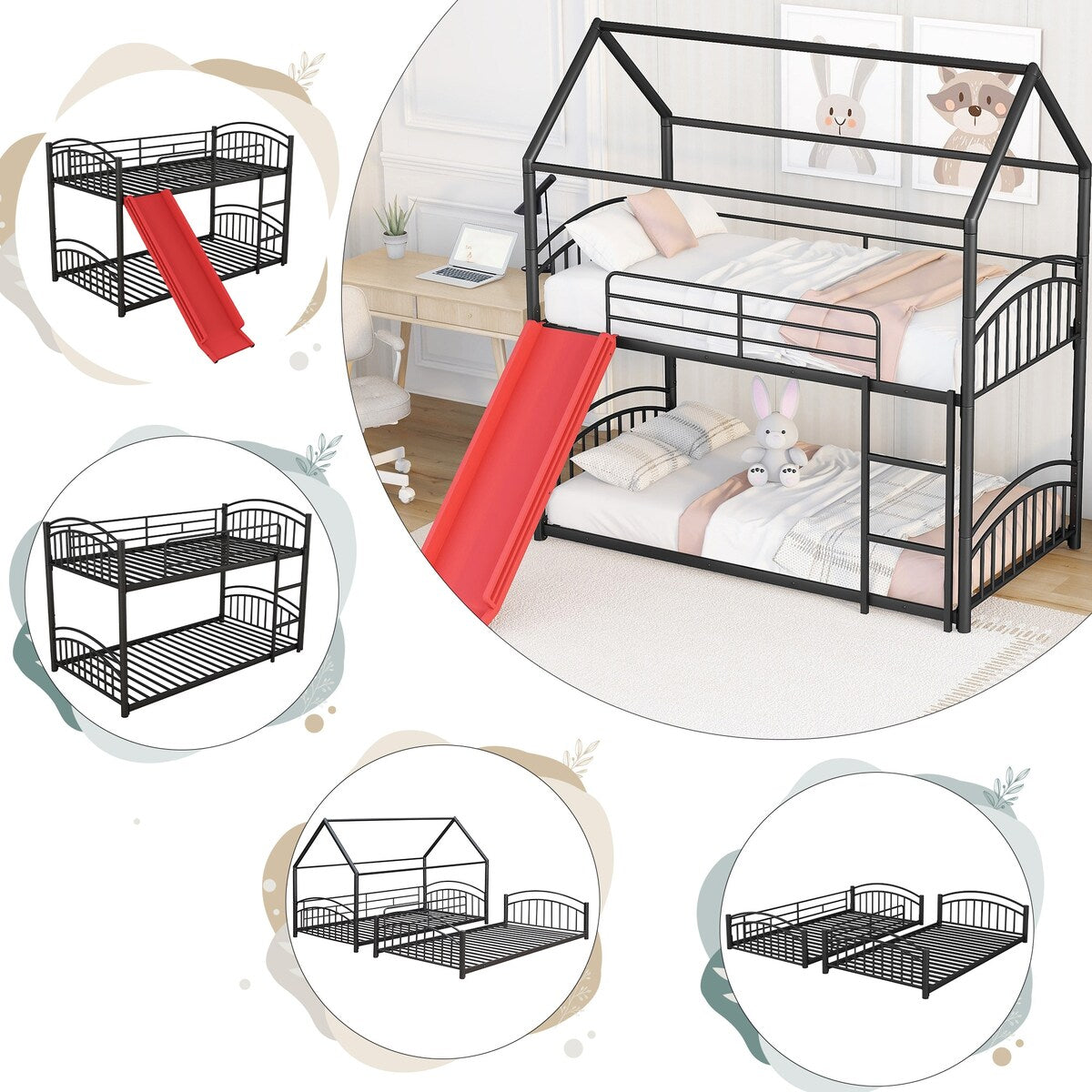 Twin over Twin Bunk Bed with Slide, Kids Sturdy Metal Frame Creativity House Bed, Full-Length Guardrail Top Bunk for Kids Teens