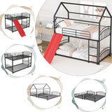 Twin over Twin Bunk Bed with Slide, Kids Sturdy Metal Frame Creativity House Bed, Full-Length Guardrail Top Bunk for Kids Teens