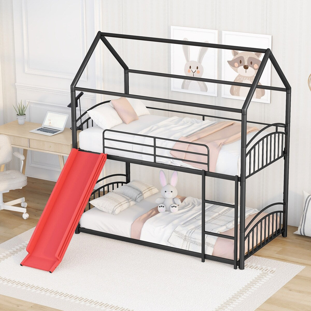 Twin over Twin Bunk Bed with Slide, Kids Sturdy Metal Frame Creativity House Bed, Full-Length Guardrail Top Bunk for Kids Teens