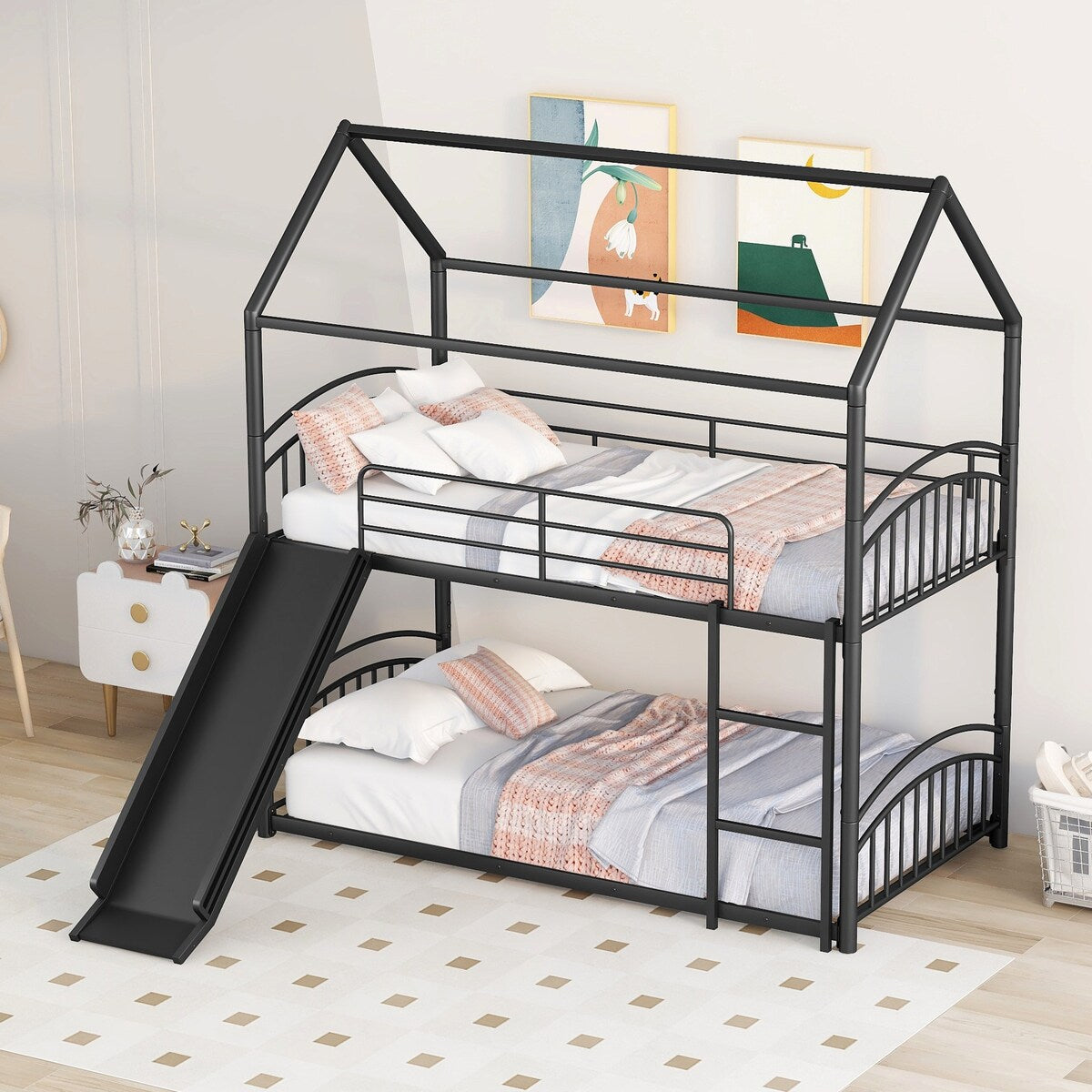 Twin over Twin Bunk Bed with Slide, Kids Sturdy Metal Frame Creativity House Bed, Full-Length Guardrail Top Bunk for Kids Teens