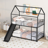 Twin over Twin Bunk Bed with Slide, Kids Sturdy Metal Frame Creativity House Bed, Full-Length Guardrail Top Bunk for Kids Teens