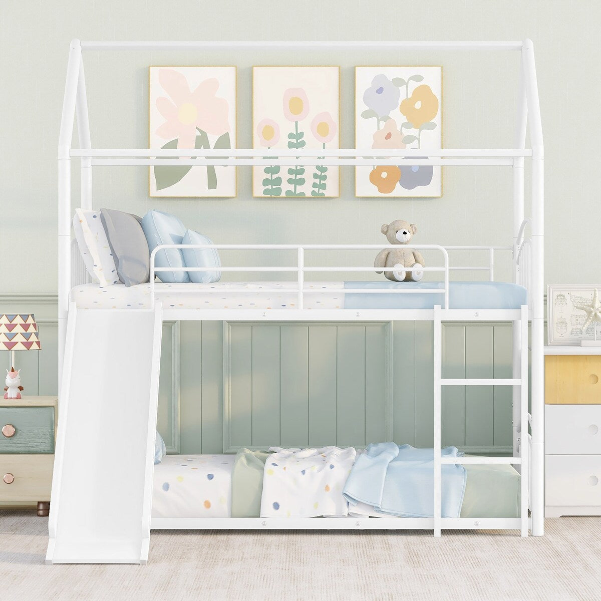 Twin over Twin Bunk Bed with Slide, Kids Sturdy Metal Frame Creativity House Bed, Full-Length Guardrail Top Bunk for Kids Teens