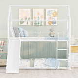 Twin over Twin Bunk Bed with Slide, Kids Sturdy Metal Frame Creativity House Bed, Full-Length Guardrail Top Bunk for Kids Teens