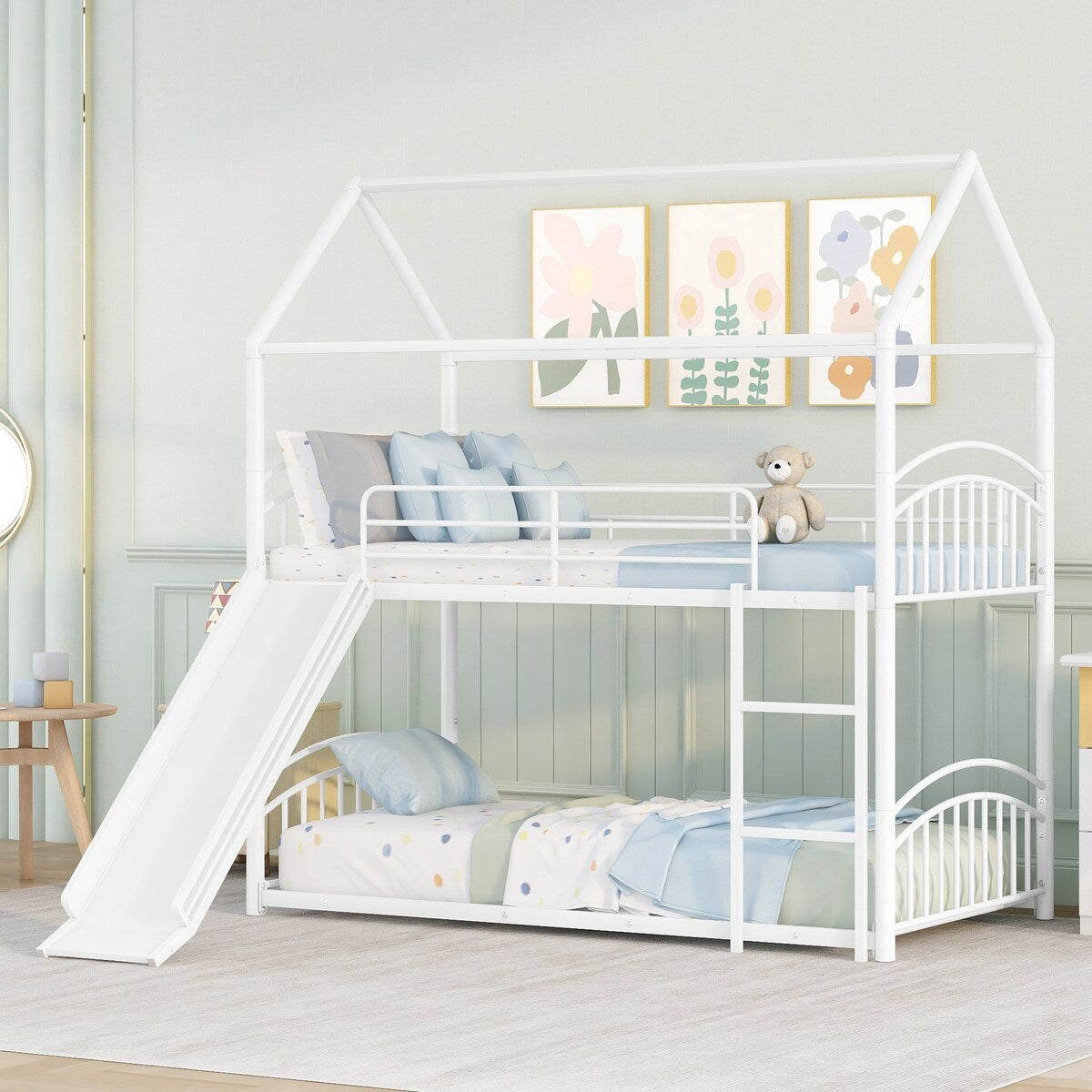 Twin over Twin Bunk Bed with Slide, Kids Sturdy Metal Frame Creativity House Bed, Full-Length Guardrail Top Bunk for Kids Teens