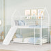 Twin over Twin Bunk Bed with Slide, Kids Sturdy Metal Frame Creativity House Bed, Full-Length Guardrail Top Bunk for Kids Teens