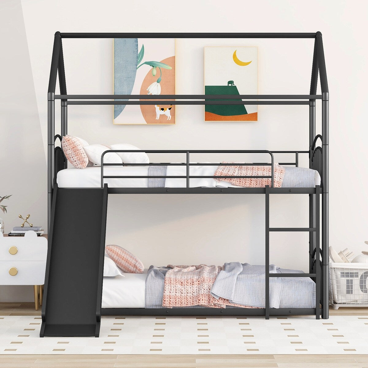 Twin over Twin Bunk Bed with Slide, Kids Sturdy Metal Frame Creativity House Bed, Full-Length Guardrail Top Bunk for Kids Teens