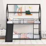 Twin over Twin Bunk Bed with Slide, Kids Sturdy Metal Frame Creativity House Bed, Full-Length Guardrail Top Bunk for Kids Teens