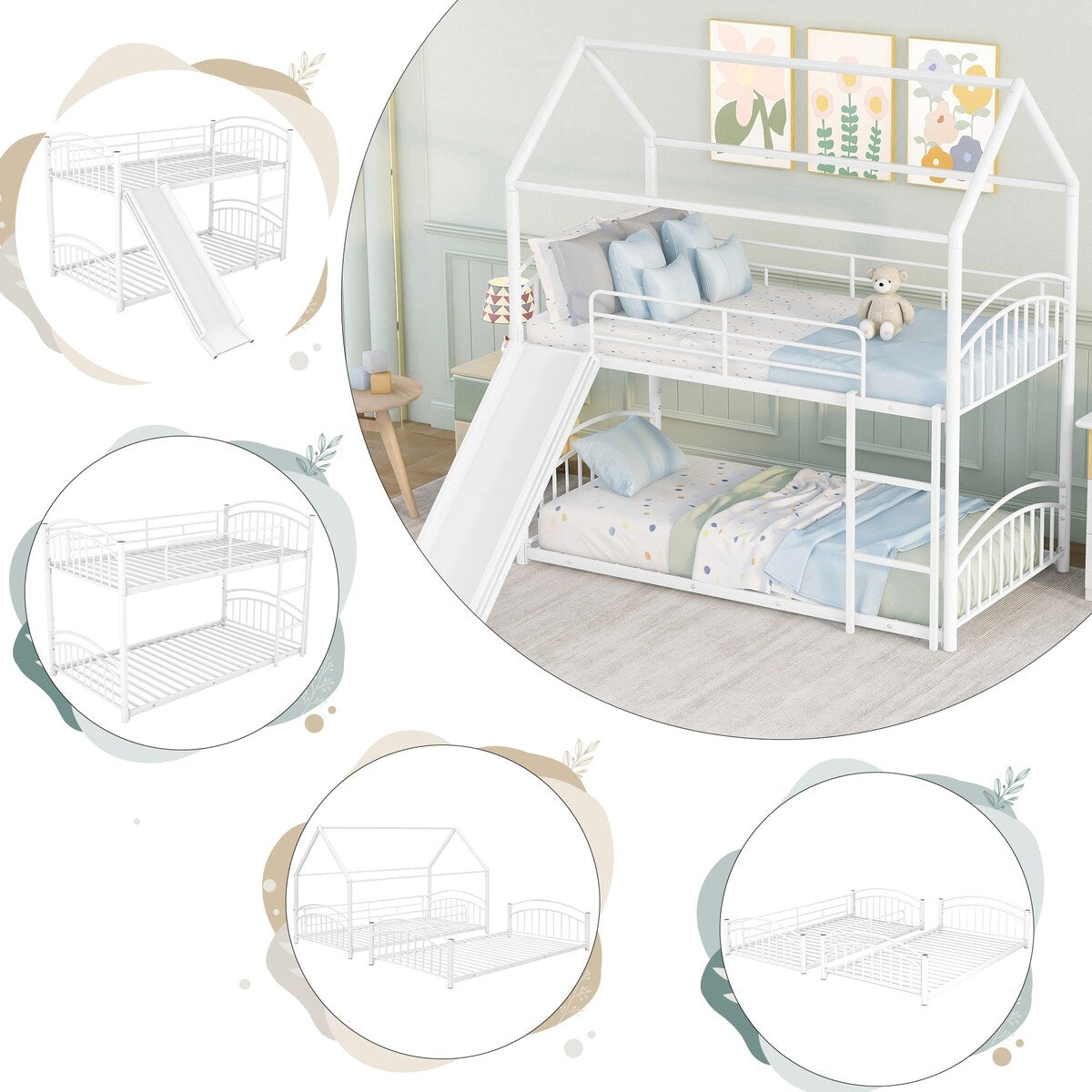 Twin over Twin Bunk Bed with Slide, Kids Sturdy Metal Frame Creativity House Bed, Full-Length Guardrail Top Bunk for Kids Teens