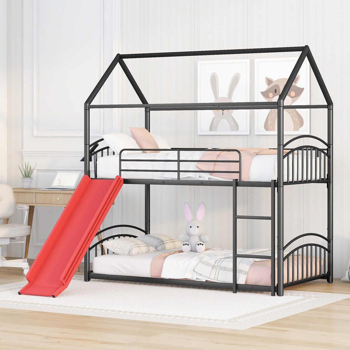 Twin over Twin Bunk Bed with Slide, Kids Sturdy Metal Frame Creativity House Bed, Full-Length Guardrail Top Bunk for Kids Teens