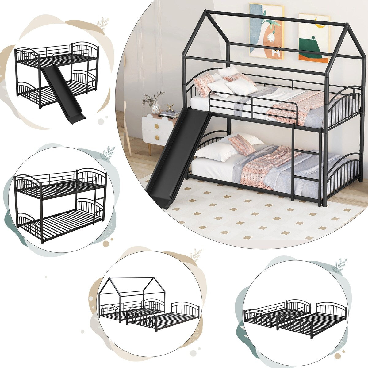 Twin over Twin Bunk Bed with Slide, Kids Sturdy Metal Frame Creativity House Bed, Full-Length Guardrail Top Bunk for Kids Teens