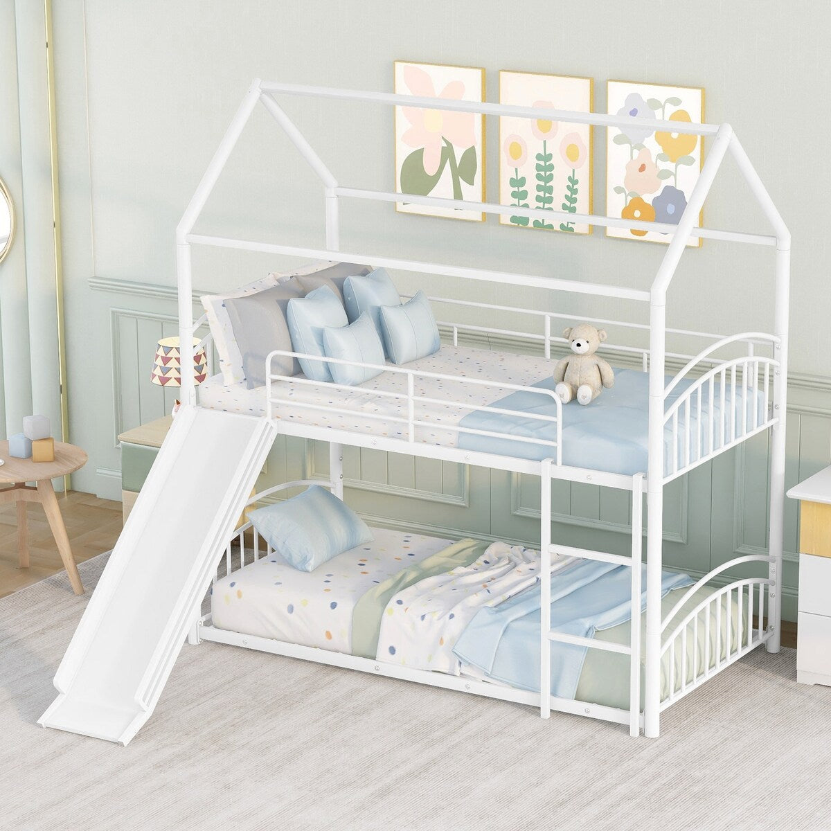 Twin over Twin Bunk Bed with Slide, Kids Sturdy Metal Frame Creativity House Bed, Full-Length Guardrail Top Bunk for Kids Teens