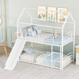 Twin over Twin Bunk Bed with Slide, Kids Sturdy Metal Frame Creativity House Bed, Full-Length Guardrail Top Bunk for Kids Teens