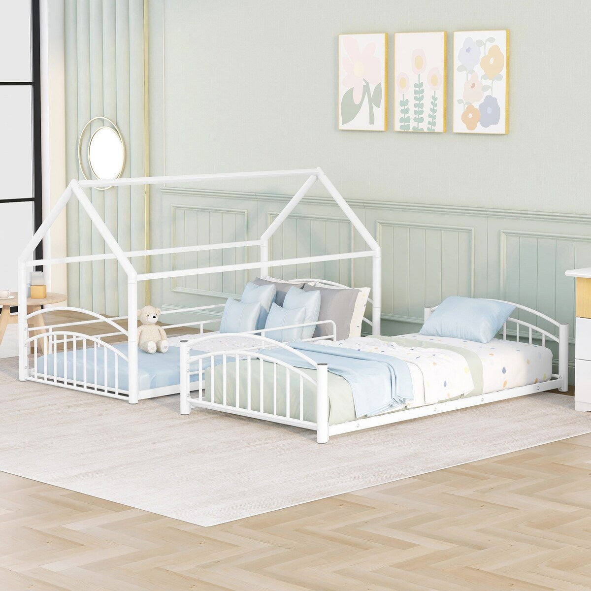 Twin over Twin Bunk Bed with Slide, Kids Sturdy Metal Frame Creativity House Bed, Full-Length Guardrail Top Bunk for Kids Teens