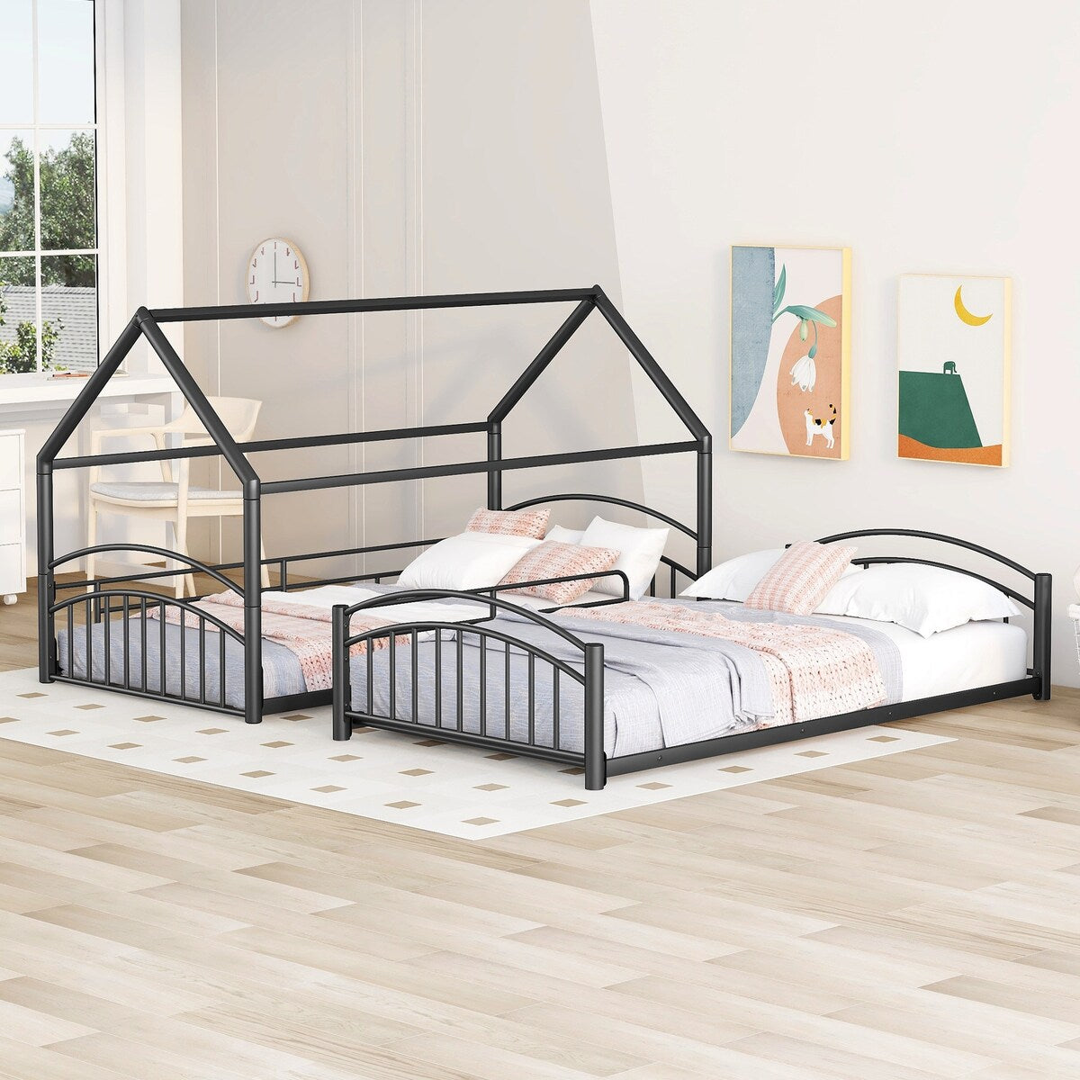 Twin over Twin Bunk Bed with Slide, Kids Sturdy Metal Frame Creativity House Bed, Full-Length Guardrail Top Bunk for Kids Teens