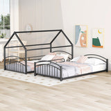 Twin over Twin Bunk Bed with Slide, Kids Sturdy Metal Frame Creativity House Bed, Full-Length Guardrail Top Bunk for Kids Teens