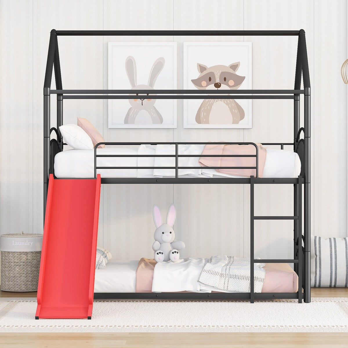 Twin over Twin Bunk Bed with Slide, Kids Sturdy Metal Frame Creativity House Bed, Full-Length Guardrail Top Bunk for Kids Teens