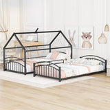 Twin over Twin Bunk Bed with Slide, Kids Sturdy Metal Frame Creativity House Bed, Full-Length Guardrail Top Bunk for Kids Teens