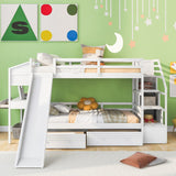 Twin over Twin Bunk Bed with Storage Staircase Desk Drawers and Slide