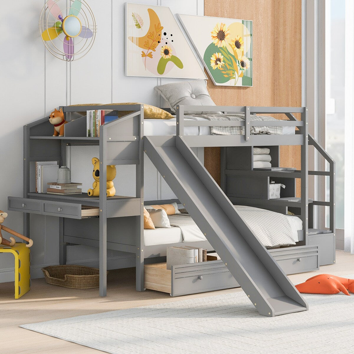 Twin over Twin Bunk Bed with Storage Staircase Desk Drawers and Slide