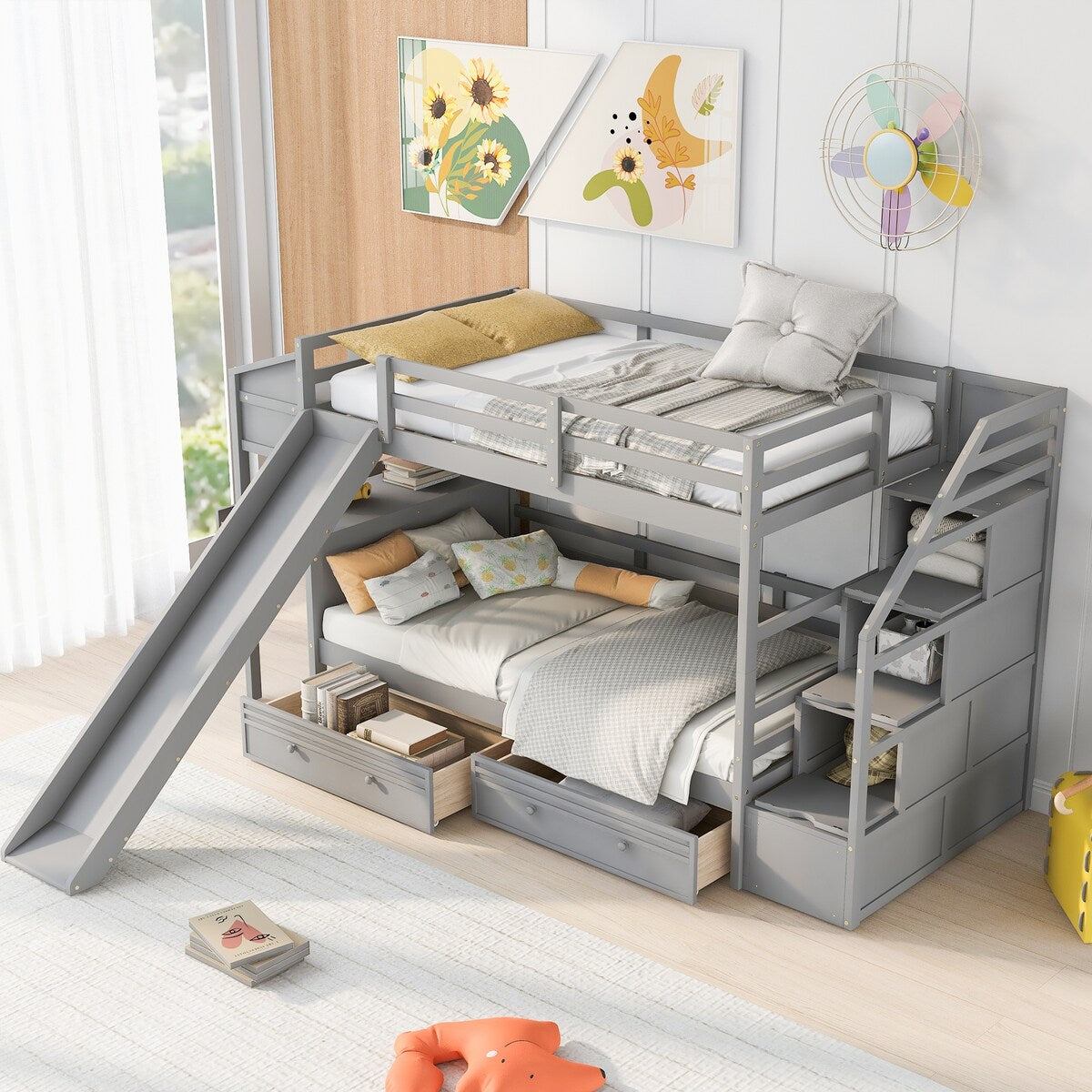 Twin over Twin Bunk Bed with Storage Staircase Desk Drawers and Slide