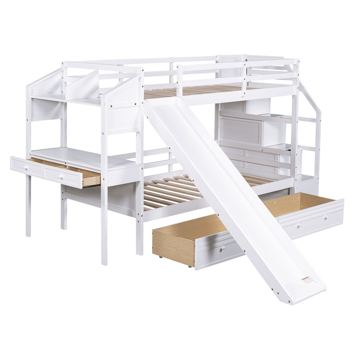 Twin over Twin Bunk Bed with Storage Staircase Desk Drawers and Slide