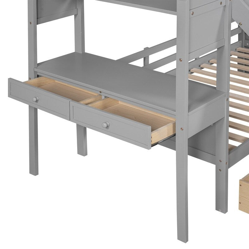 Twin over Twin Bunk Bed with Storage Staircase Desk Drawers and Slide