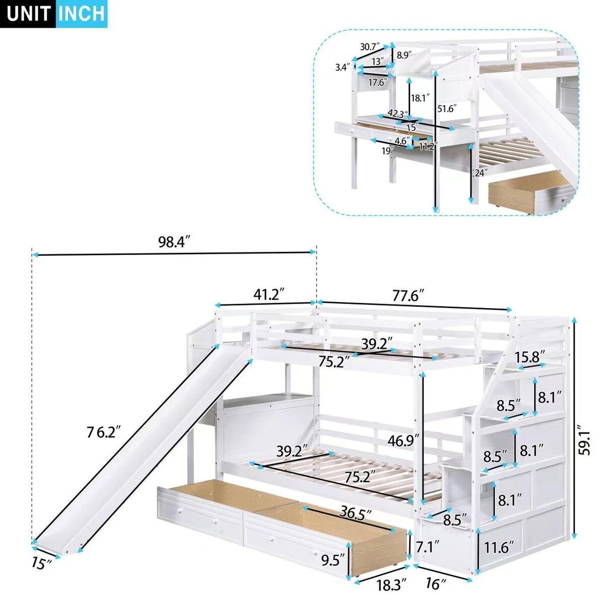 Twin over Twin Bunk Bed with Storage Staircase Desk Drawers and Slide