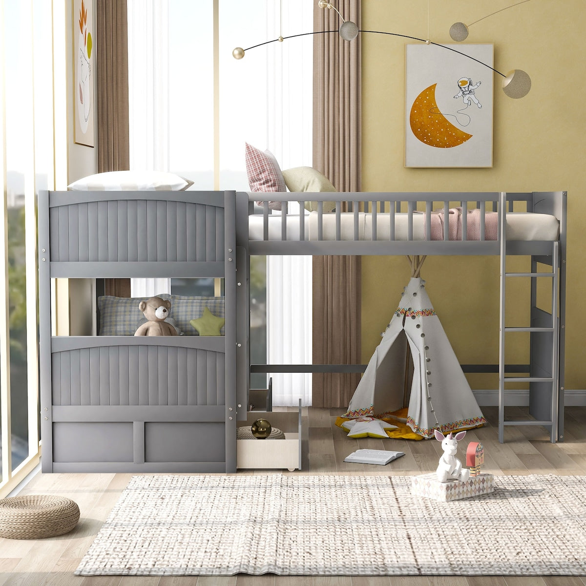 Twin over Twin Bunk Bed with Twin size Loft Bed and 2 Drawers - Solid Wood Slats Support - Furniture for 3 Children's Bedroom