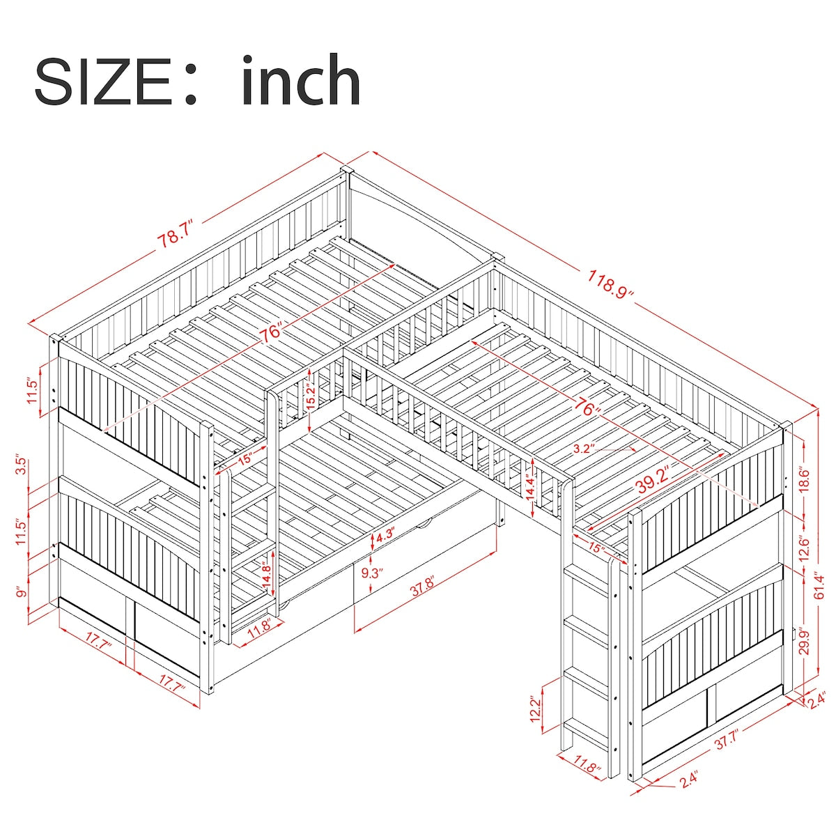 Twin over Twin Bunk Bed with Twin size Loft Bed and 2 Drawers - Solid Wood Slats Support - Furniture for 3 Children's Bedroom