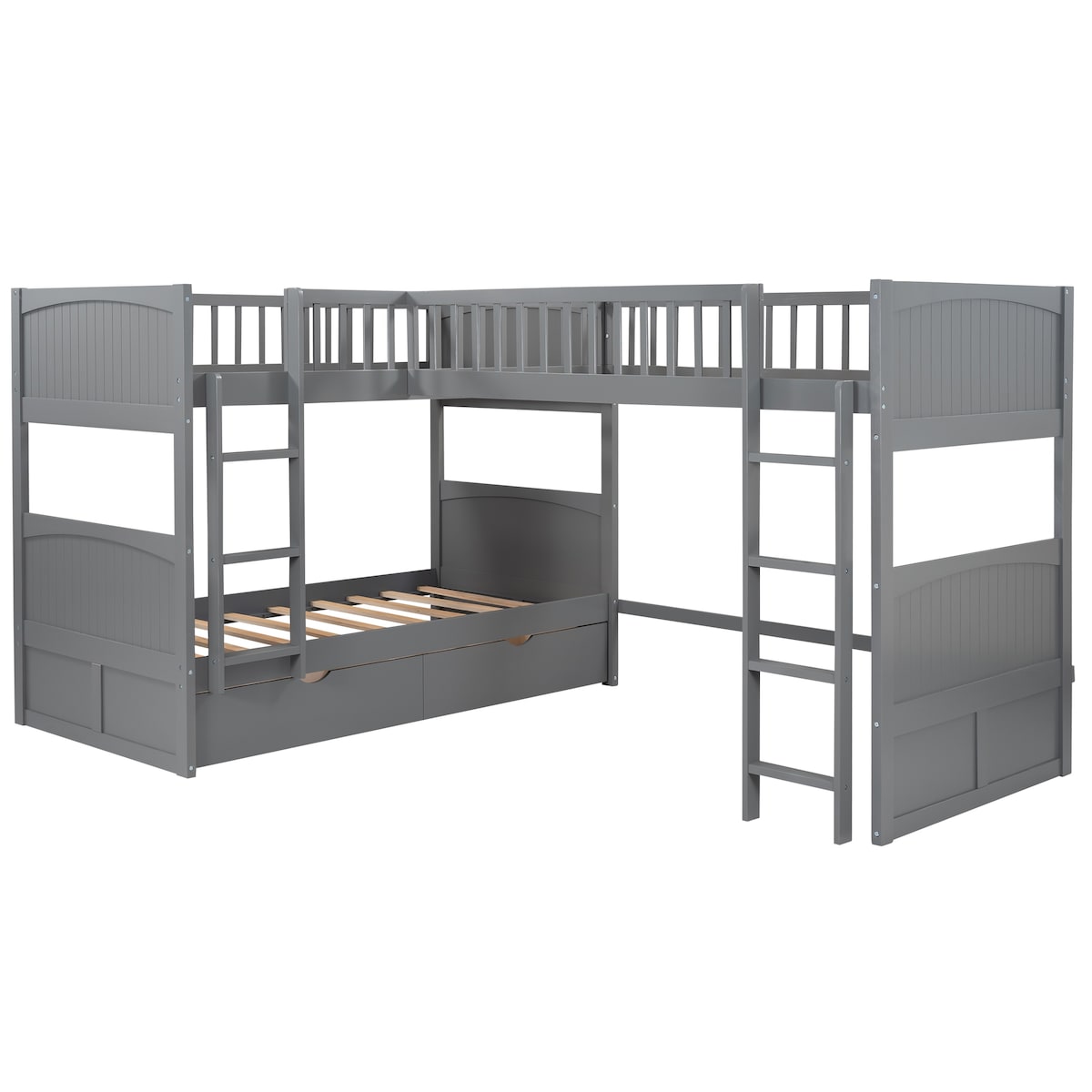 Twin over Twin Bunk Bed with Twin size Loft Bed and 2 Drawers - Solid Wood Slats Support - Furniture for 3 Children's Bedroom