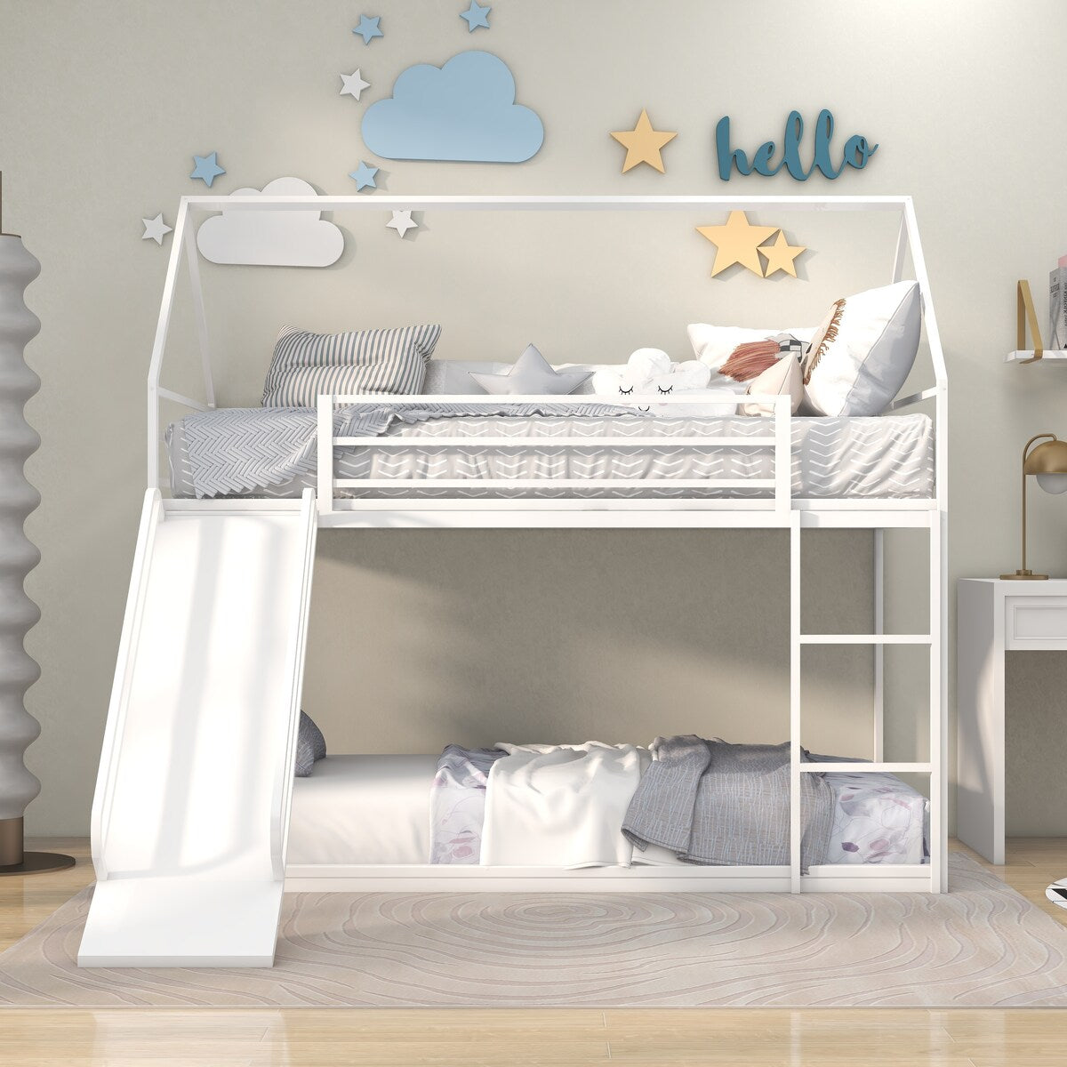 Twin over Twin House Bed with Ladder and Slider for Kids