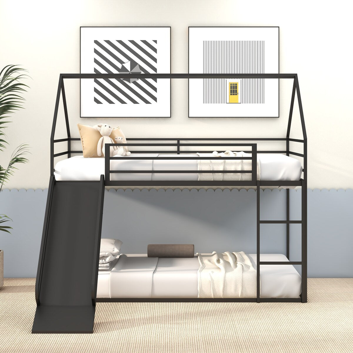 Twin over Twin House Bed with Ladder and Slider for Kids