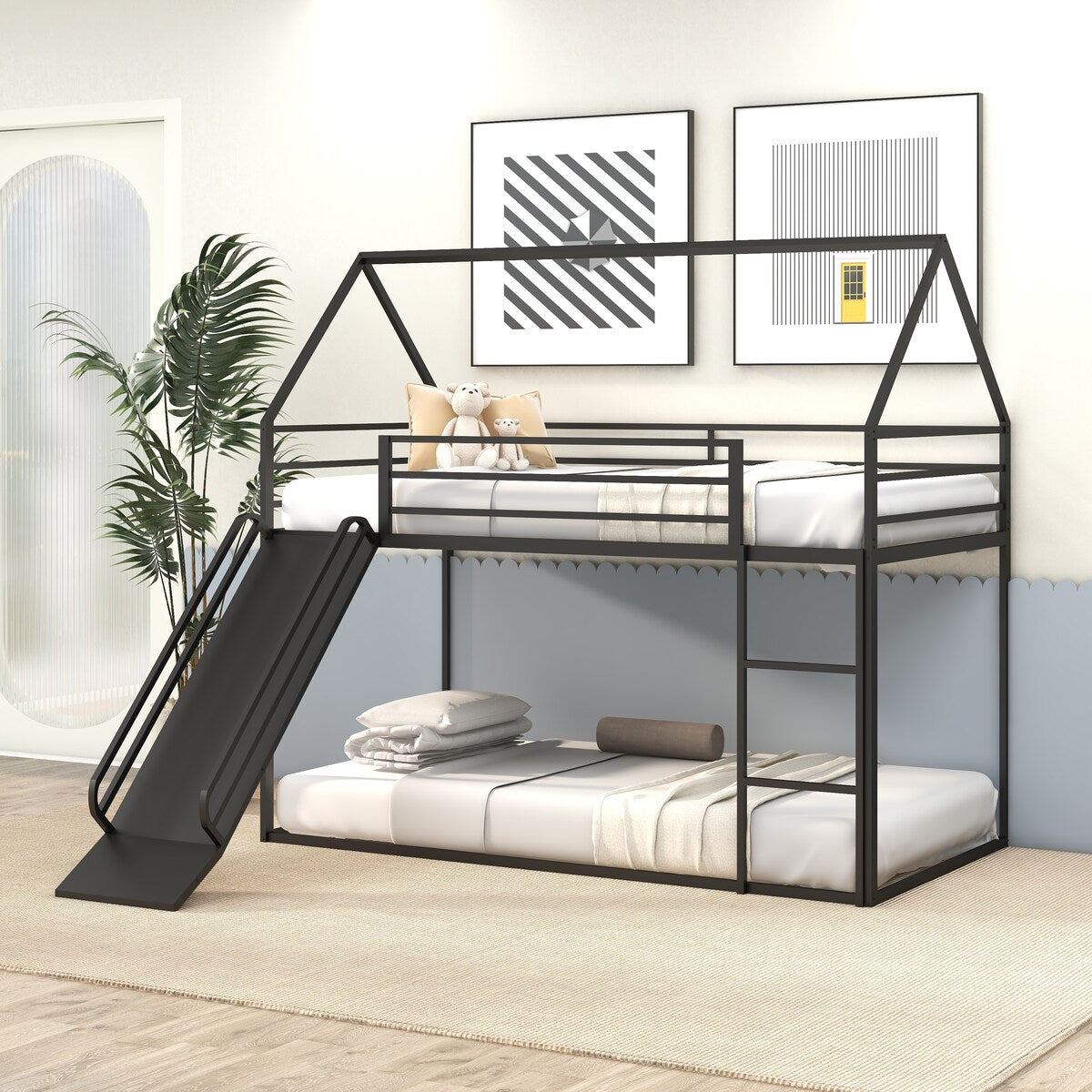 Twin over Twin House Bed with Ladder and Slider for Kids