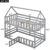 Twin over Twin House Bunk Bed with Fence and Door for Home