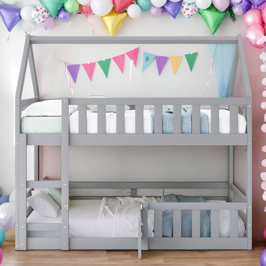 Twin over Twin House Bunk Bed with Fence and Door for Home