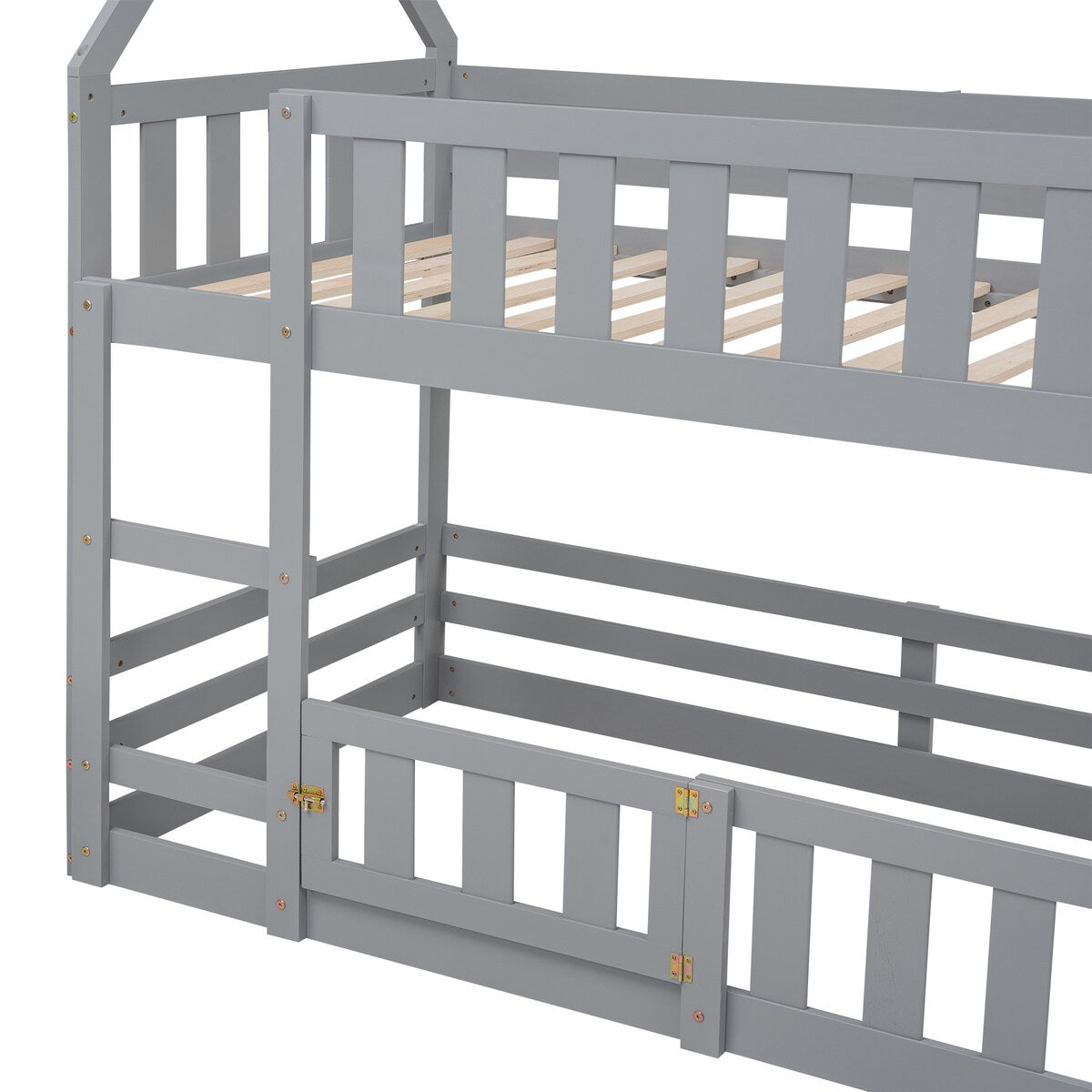 Twin over Twin House Bunk Bed with Fence and Door for Home