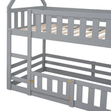 Twin over Twin House Bunk Bed with Fence and Door for Home