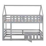 Twin over Twin House Bunk Bed with Fence and Door for Home