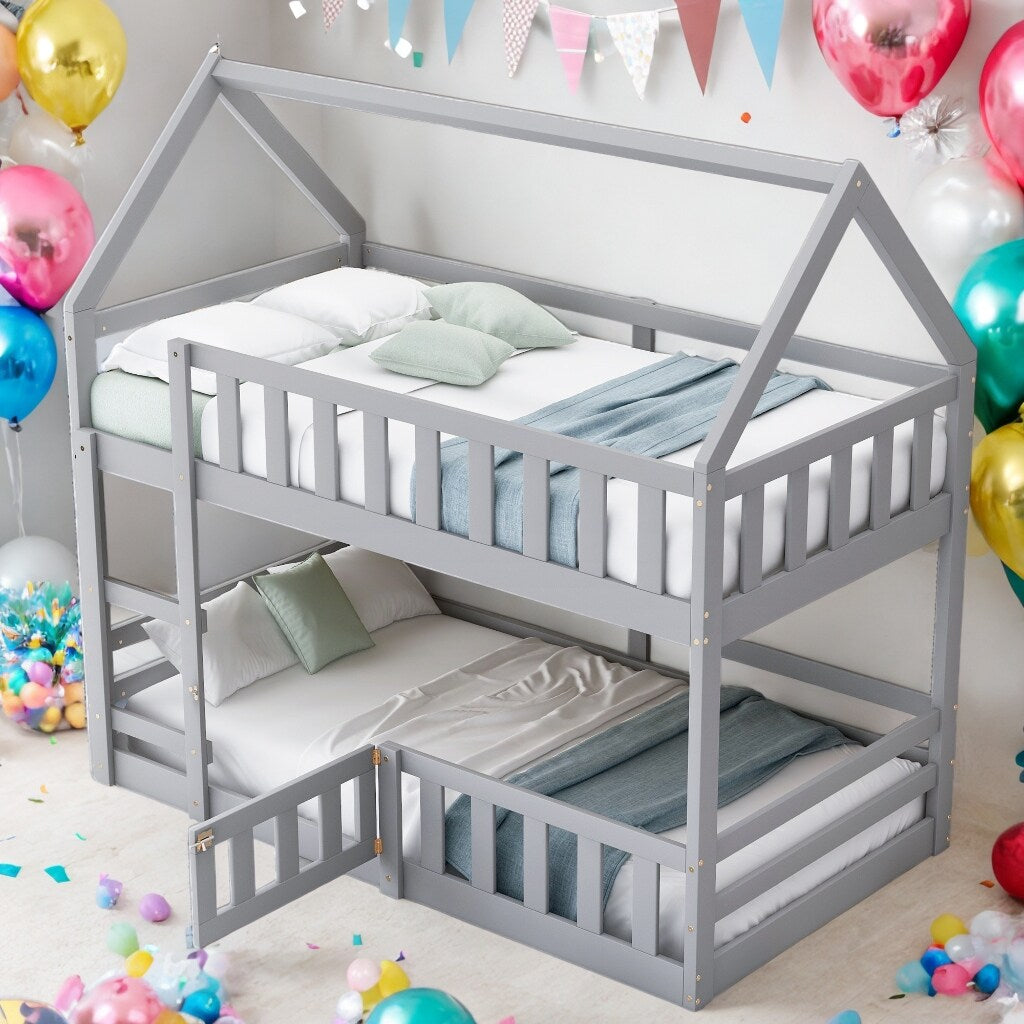 Twin over Twin House Bunk Bed with Fence and Door for Home