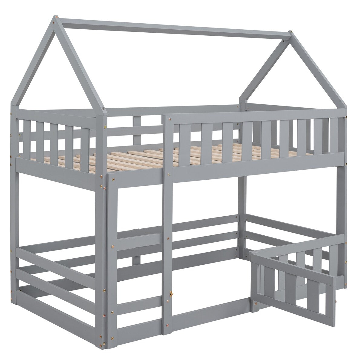 Twin over Twin House Bunk Bed with Fence and Door for Home