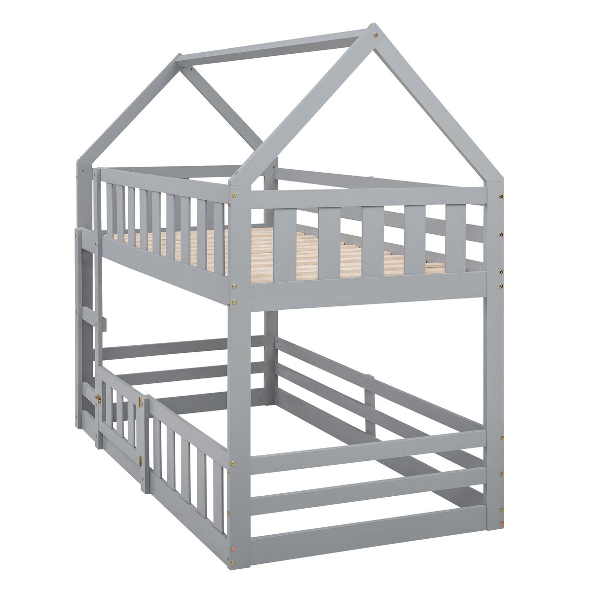 Twin over Twin House Bunk Bed with Fence and Door for Home