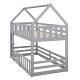 Twin over Twin House Bunk Bed with Fence and Door for Home