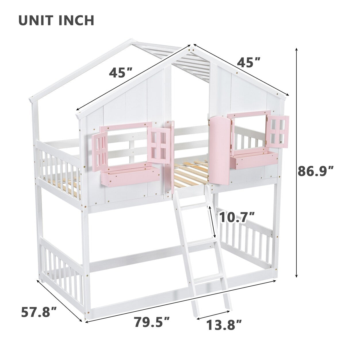 Twin over Twin House Bunk Bed with Roof , Window, Window Box, Door , with Safety Guardrails and Ladder, Pink/White