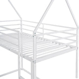 Twin over Twin House Shape Bunk Bed with Protective Fence, Metal Kids Bed Frame with Built-in Ladder, White