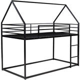 Twin over Twin House Shape Bunk Bed with Protective Fence, Metal Kids Bed Frame with Built-in Ladder, White