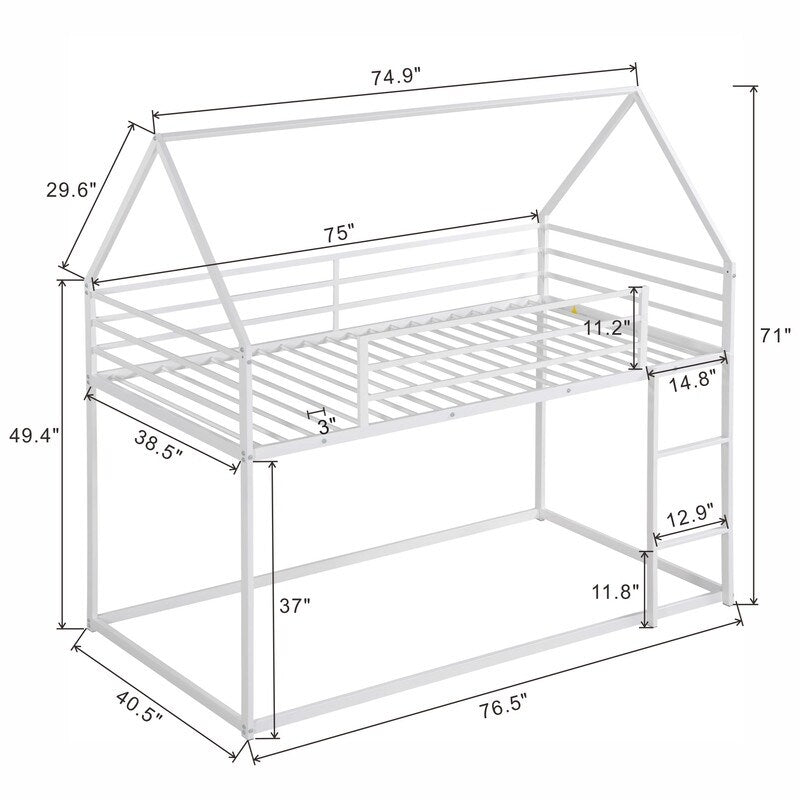Twin over Twin House Shape Bunk Bed with Protective Fence, Metal Kids Bed Frame with Built-in Ladder, White